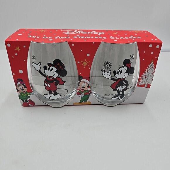Mickey Mouse & Minnie Mouse Glasses Stemless 2 NIB Holiday Glass DISNEY - Picture 2 of 7